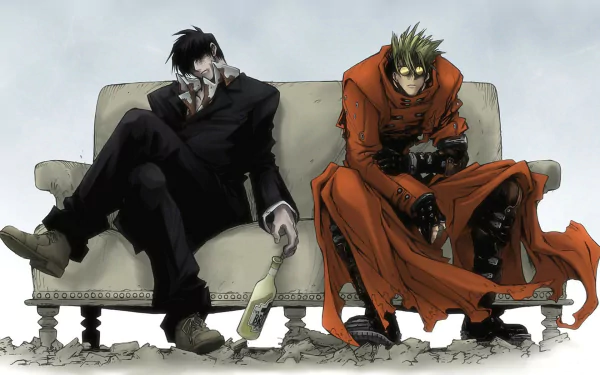 HD PC desktop wallpaper of Nicholas D. Wolfwood and Vash the Stampede from Trigun seated on a worn couch — Wolfwood in a black suit, Vash in his red coat, anime style.