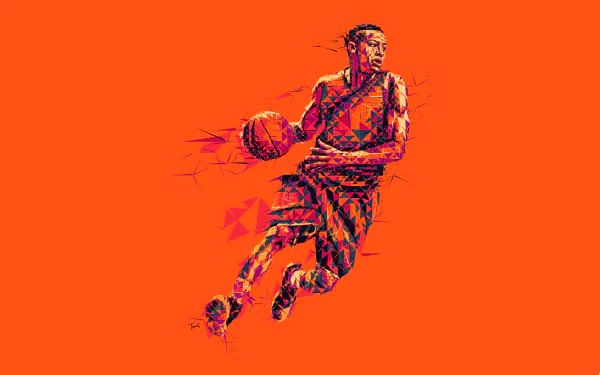 A vibrant illustration of a basketball player in action, surrounded by dynamic shapes against a bold orange background, designed as an 8K Ultra HD desktop wallpaper.