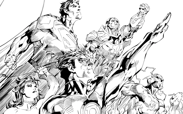 Black-and-white 5K Ultra HD PC desktop wallpaper background of DC Comics Justice League: Superman, Wonder Woman, Flash, Green Lantern and Cyborg in dynamic comic line-art poses.