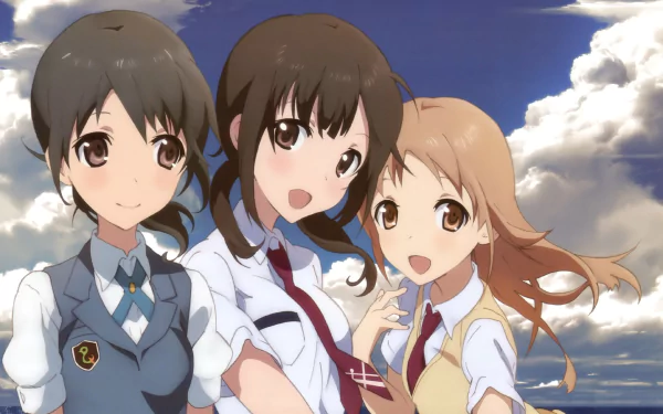HD anime desktop wallpaper featuring Sakai Wakana, Sawa Okita, and Konatsu Miyamoto from Tari Tari against a sky with clouds background.