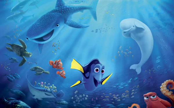 A vibrant underwater scene featuring characters from *Finding Nemo* and *Finding Dory*, including Dory, Marlin, Nemo, Crush, and Destiny, surrounded by colorful marine life.