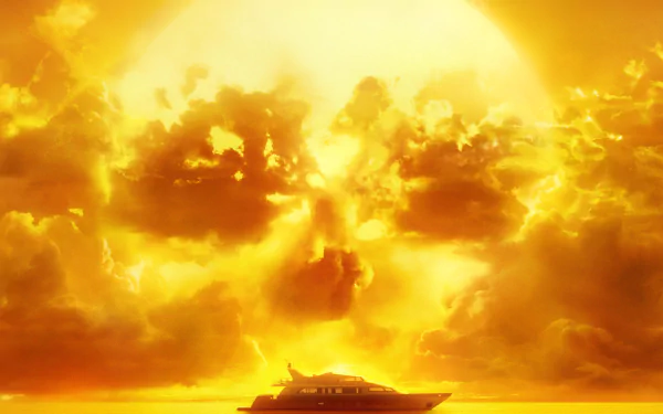 4K Ultra HD desktop wallpaper of a fiery sun forming a skull shape over the ocean with a yacht, inspired by the TV show Fear the Walking Dead.