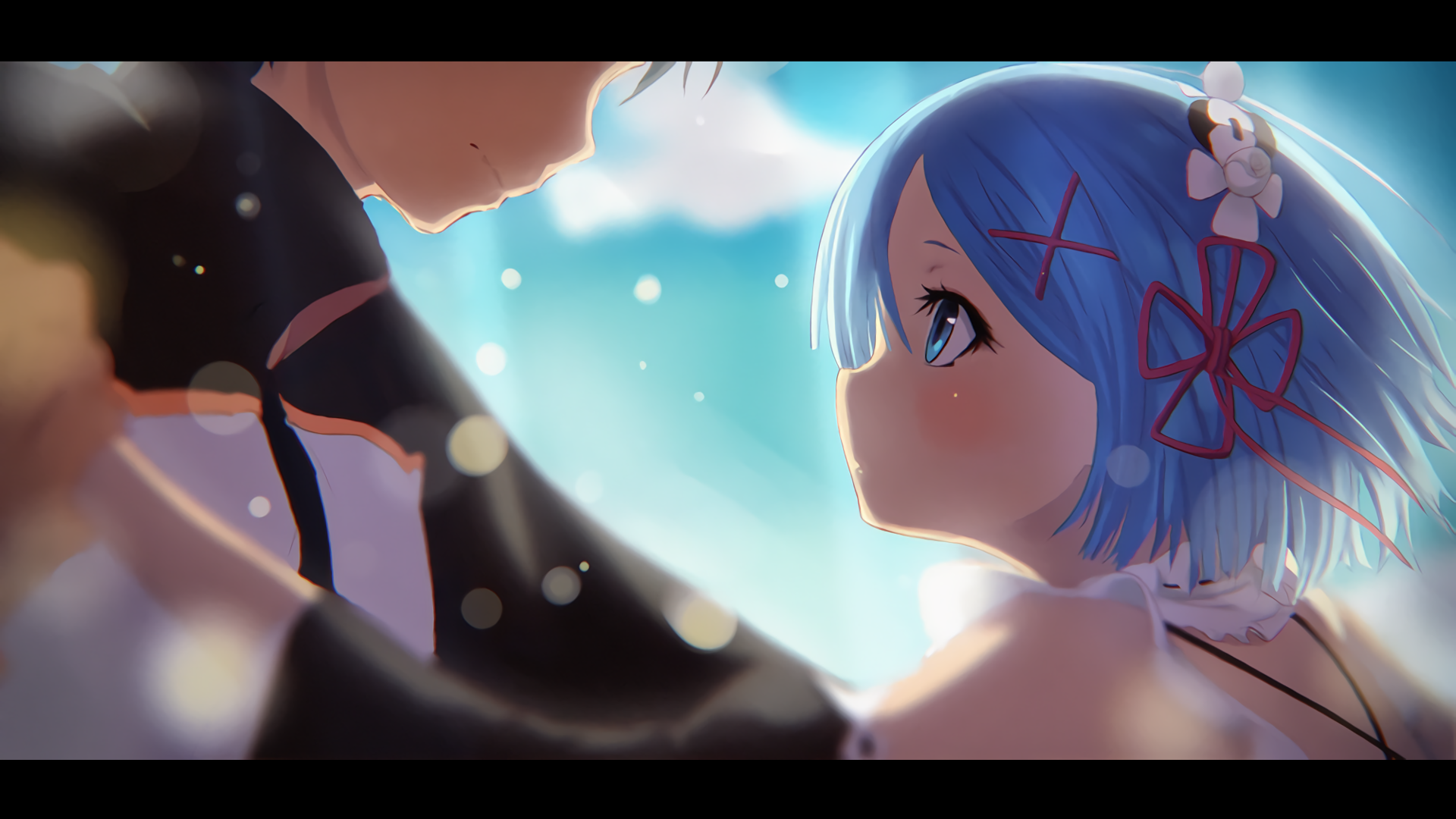 High-definition wallpaper featuring Subaru Natsuki and Rem from Re:Zero - Starting Life in Another World, capturing a tender moment with a serene background.