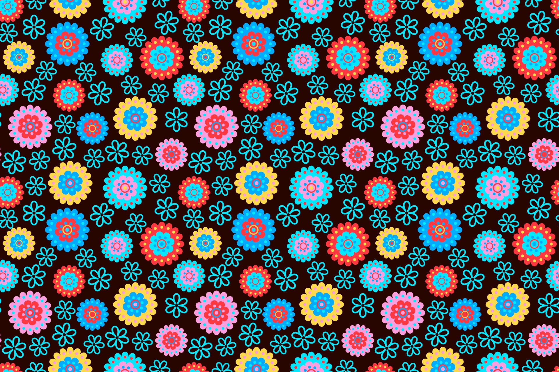 HD PC desktop wallpaper featuring an artistic array of colorful floral patterns on a dark background, blending vibrant hues with intricate flower designs.