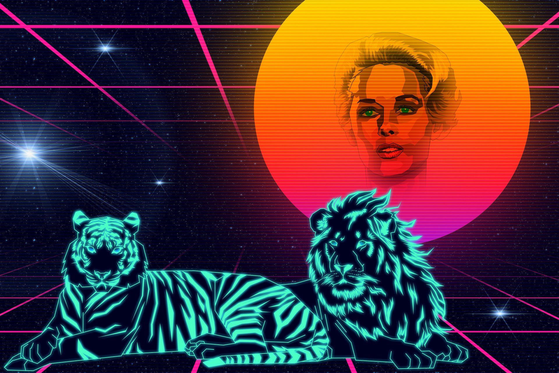 Vaporwave-style HD wallpaper featuring neon-outlined tigers and a woman's silhouette against a retro grid and sun backdrop.