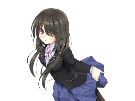 Anime illustration from Date A Live featuring a girl with long dark hair and striking red eyes, dressed in a school uniform, set against a clean white background. HD wallpaper for desktop use.