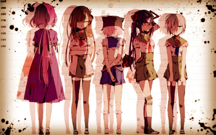 HD PC desktop wallpaper featuring five female anime characters from School-Live! standing in a row with a grunge, sepia-toned background and ink splatters.