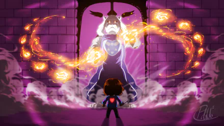 HD desktop wallpaper of Toriel and Frisk from the video game Undertale, depicting a dramatic standoff with flaming effects against a brick wall backdrop.