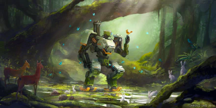 HD desktop wallpaper featuring Bastion from Overwatch in a lush forest, surrounded by butterflies and animals, with sunlight filtering through the trees.