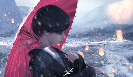 A stunning HD desktop wallpaper featuring a character from the comic GhostBlade, holding a red umbrella by a serene, lantern-lit water scene, evoking a magical atmosphere.