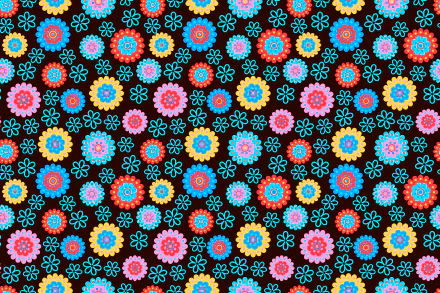 HD PC desktop wallpaper featuring an artistic array of colorful floral patterns on a dark background, blending vibrant hues with intricate flower designs.