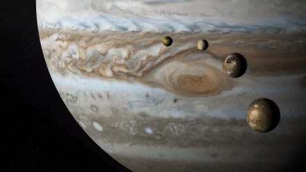 A stunning 4K Ultra HD wallpaper featuring Jupiter, showcasing its swirling gas clouds and four of its moons against a deep space backdrop.