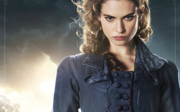HD PC desktop wallpaper: close-up of a stern young woman in period costume with an intense gaze against a moody sky, from the movie Pride and Prejudice and Zombies.