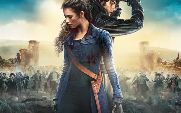 HD PC desktop wallpaper/background for the movie Pride and Prejudice and Zombies: blood-streaked heroine in a period coat with sword, ally behind her, zombie horde approaching under a stormy sky.