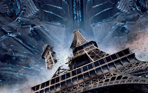 4K Ultra HD desktop wallpaper featuring a dramatic scene from the movie Independence Day: Resurgence with the Eiffel Tower framed by massive alien spacecraft.