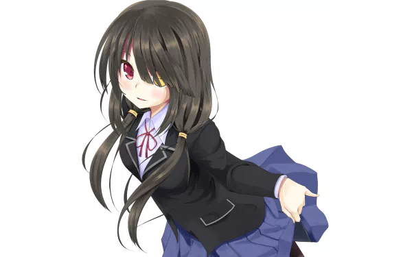 Anime illustration from Date A Live featuring a girl with long dark hair and striking red eyes, dressed in a school uniform, set against a clean white background. HD wallpaper for desktop use.