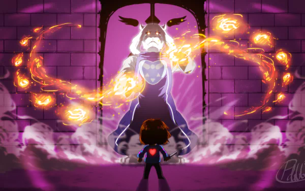 HD desktop wallpaper of Toriel and Frisk from the video game Undertale, depicting a dramatic standoff with flaming effects against a brick wall backdrop.