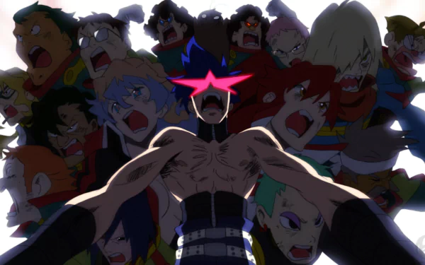 A dynamic scene featuring Yoko Littner and Kamina from Tengen Toppa Gurren Lagann, surrounded by a crowd of expressive characters, set in vibrant colors, designed as a 4K Ultra HD wallpaper.