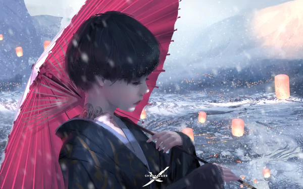 A stunning HD desktop wallpaper featuring a character from the comic GhostBlade, holding a red umbrella by a serene, lantern-lit water scene, evoking a magical atmosphere.
