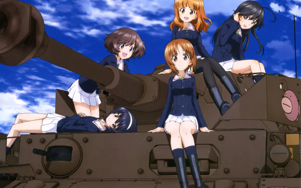 Anime Girls und Panzer 4K Ultra HD PC desktop wallpaper featuring five girls in school uniforms posing on a detailed tank under a bright blue sky.