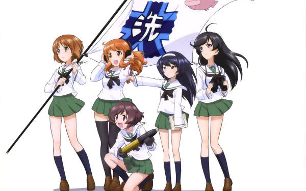 Anime-style Girls und Panzer characters in school uniforms pose with flags and weapons in a vibrant 4K Ultra HD PC desktop wallpaper background.