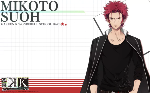 HD anime desktop wallpaper featuring Mikoto Suoh from K Project, showcasing his confident stance and distinctive red hair against a clean, grid-lined background.