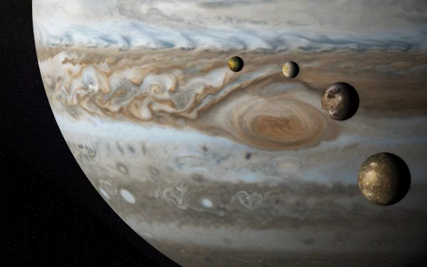 A stunning 4K Ultra HD wallpaper featuring Jupiter, showcasing its swirling gas clouds and four of its moons against a deep space backdrop.