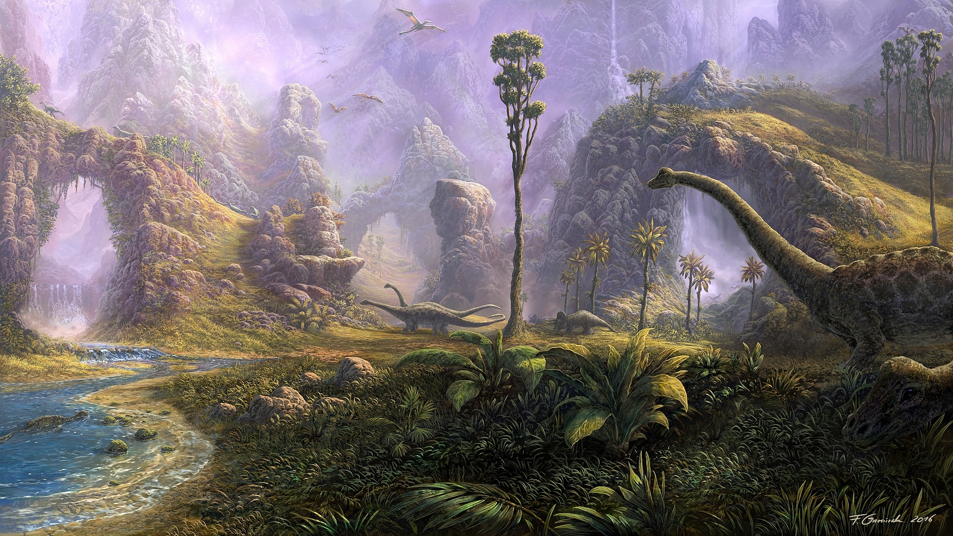 Majestic Dinosaurs In A Vivid Nature HD Wallpaper By Fel X