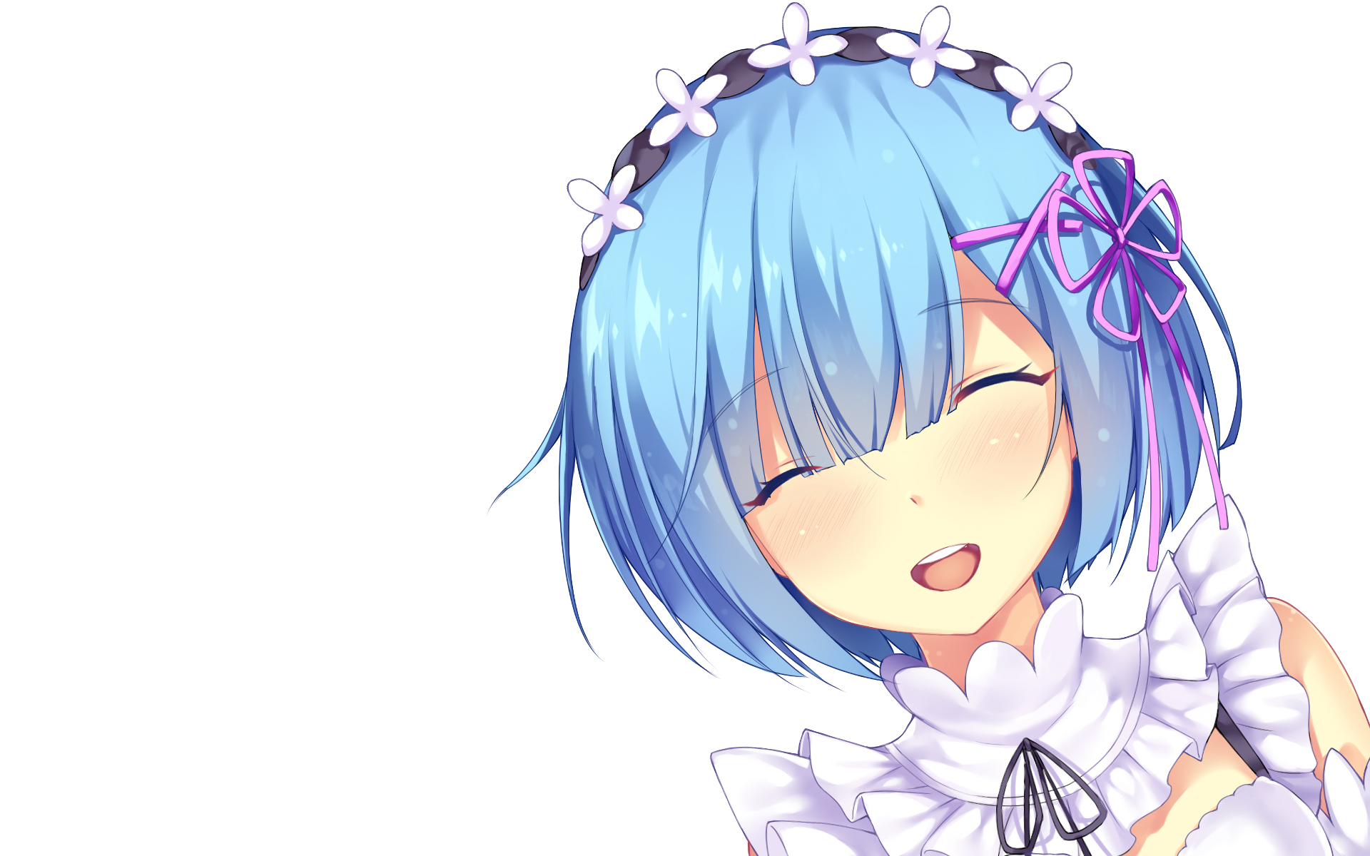 HD desktop wallpaper featuring Rem from the anime Re:Zero - Starting Life in Another World, smiling with her blue hair and flower headband against a white background.