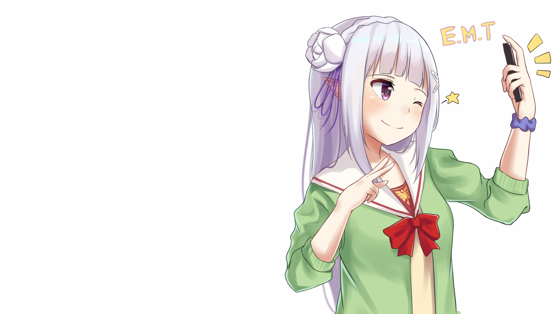 HD PC desktop wallpaper featuring Emilia from the anime Re:Zero - Starting Life in Another World, posing with a smartphone on a white background.
