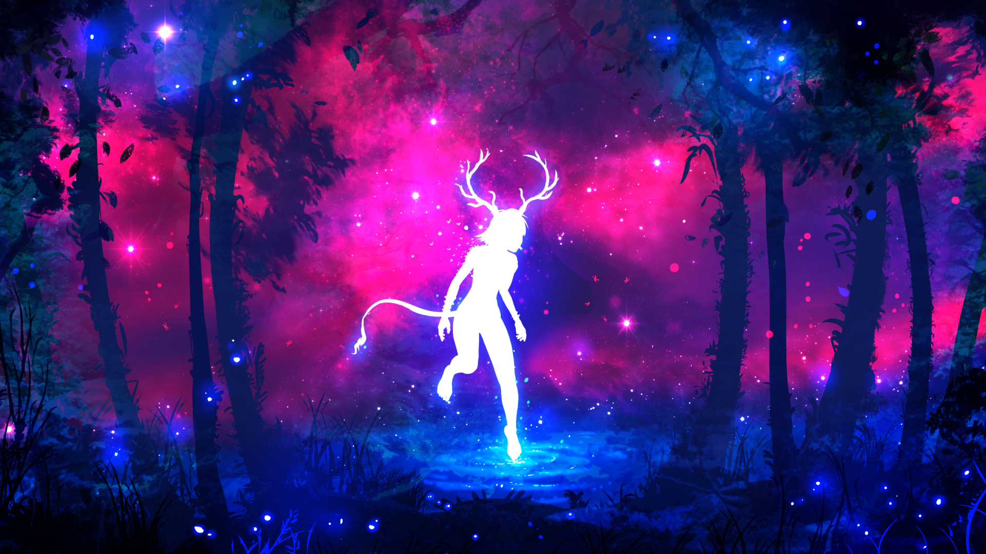 A captivating anime-inspired original HD desktop wallpaper featuring a silhouetted figure with antlers, surrounded by a vibrant cosmic forest of glowing colors.
