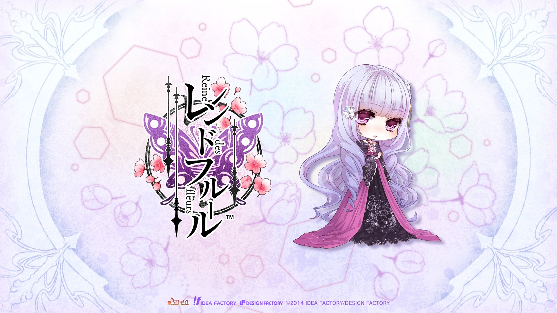 HD anime PC desktop wallpaper and background Reine des Fleurs, chibi purple-haired flower queen in a pink-and-black gown on a soft pastel floral backdrop with the series logo.