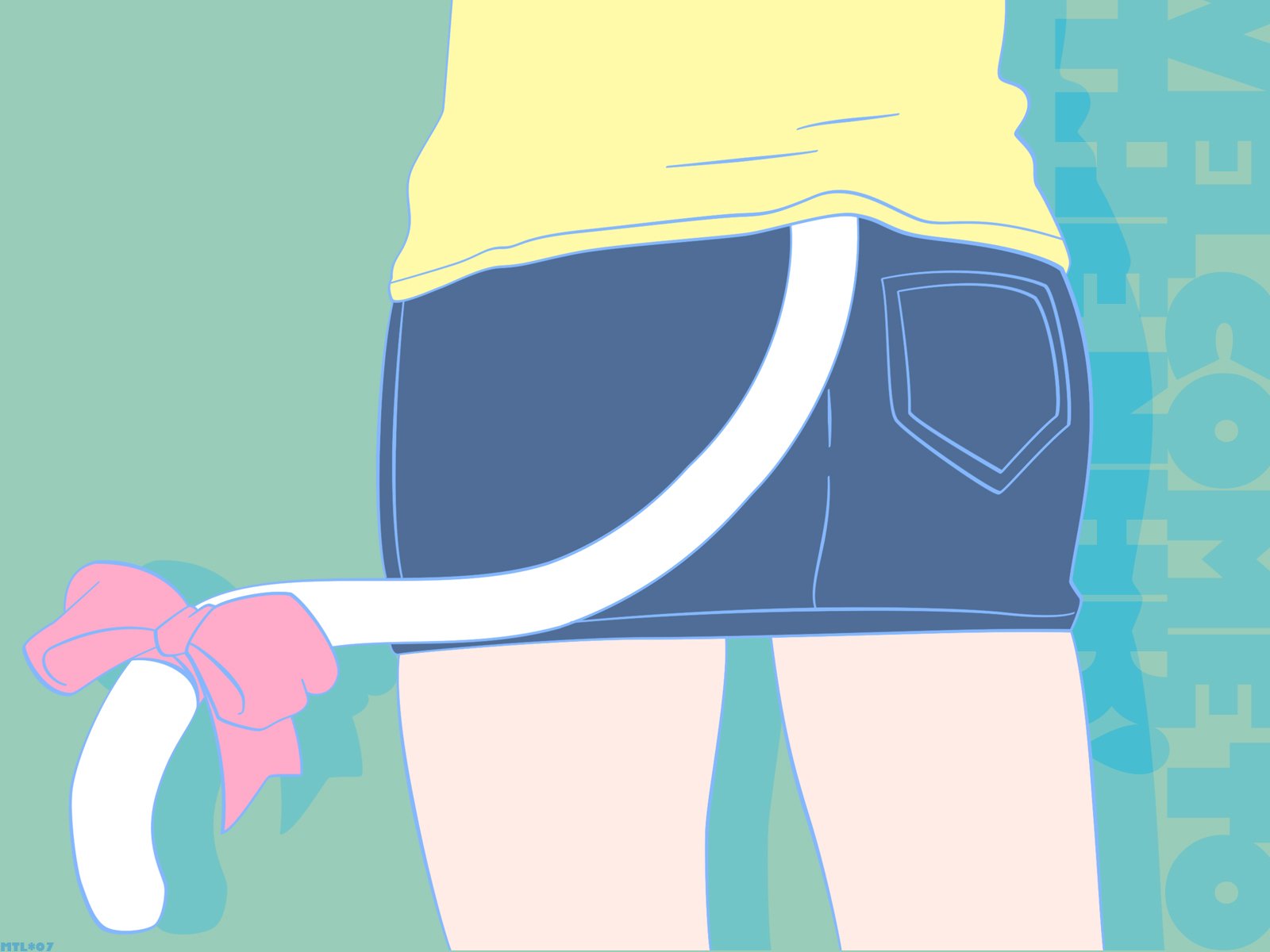 HD PC wallpaper of Misaki Nakahara (Welcome to the N.H.K.): rear close-up of anime girl in yellow top and denim skirt, white tail tied with a pink bow against a teal patterned background.