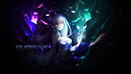 HD wallpaper featuring Emilia from the anime Re:Zero - Starting Life in Another World, surrounded by glowing shards, with the text Just Believe in Me in the background.