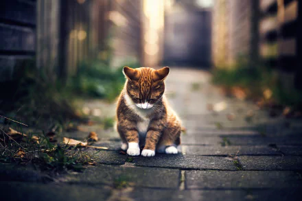 A sad cat sits alone on a cobblestone path, surrounded by greenery and soft light, creating a poignant atmosphere in this HD desktop wallpaper.