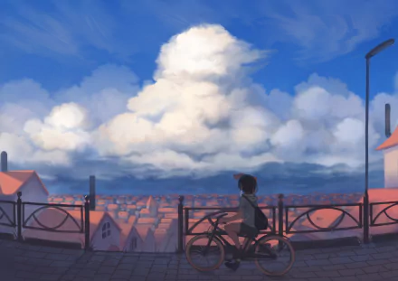 Anime-style HD PC desktop wallpaper depicting a person with a bicycle overlooking a town under a vast sky filled with towering clouds.
