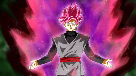 HD desktop wallpaper featuring Black Goku in his Super Saiyan Rosé form from Dragon Ball Super, surrounded by a vibrant, pink and purple aura.