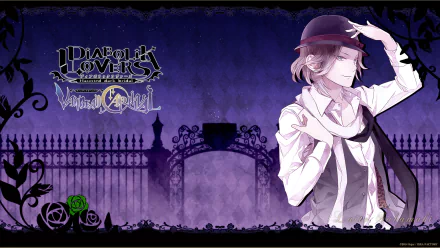 HD desktop wallpaper of Laito Sakamaki from the anime Diabolik Lovers, depicting a vampire in front of a gothic gate with a violet background.