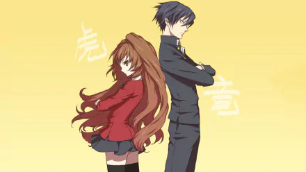 HD anime desktop wallpaper featuring Taiga Aisaka and Ryuuji Takasu from Toradora! standing back-to-back against a soft yellow background with Japanese characters.