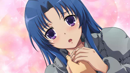 HD anime wallpaper featuring Ami Kawashima from Toradora! with expressive purple eyes and long blue hair against a soft pink, sparkly background.