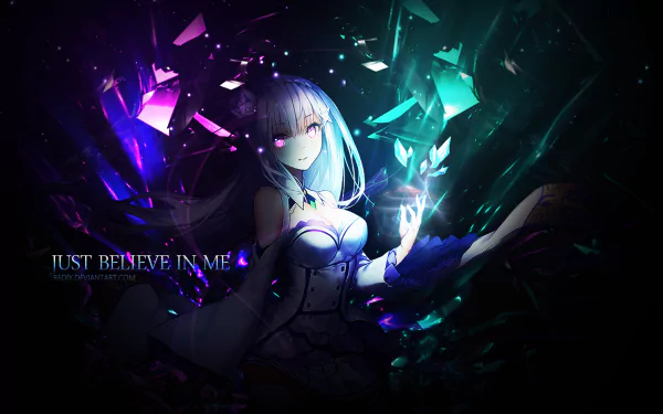 HD wallpaper featuring Emilia from the anime Re:Zero - Starting Life in Another World, surrounded by glowing shards, with the text Just Believe in Me in the background.