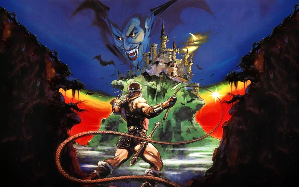 HD PC desktop wallpaper featuring Simon Belmont confronting Dracula with Castlevania castle in the background, inspired by the Castlevania video game series.