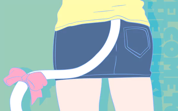 HD PC wallpaper of Misaki Nakahara (Welcome to the N.H.K.): rear close-up of anime girl in yellow top and denim skirt, white tail tied with a pink bow against a teal patterned background.
