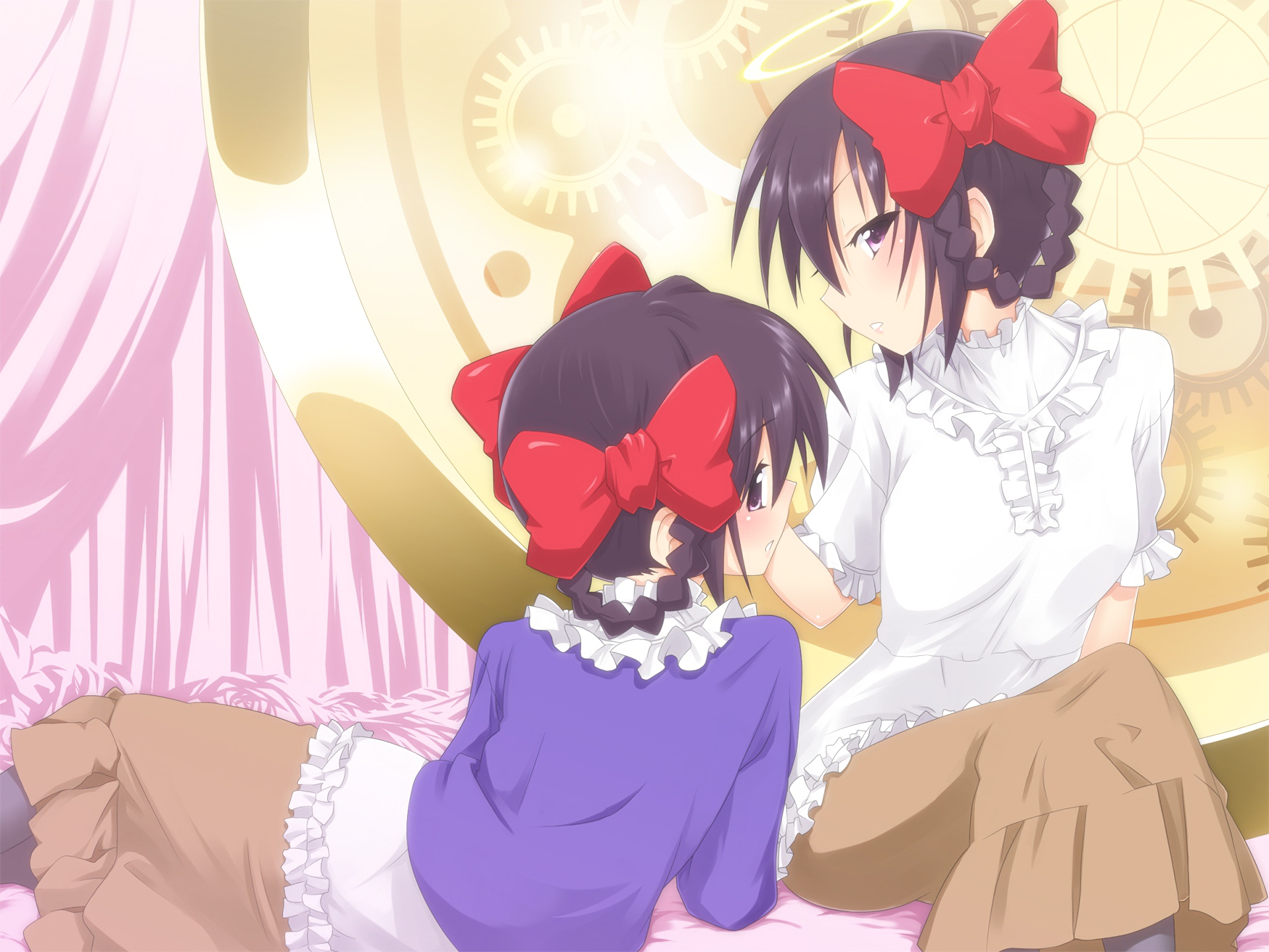HD anime desktop wallpaper featuring characters from The World God Only Knows, showcasing two girls with red bows in elegant outfits against a clock-themed background.