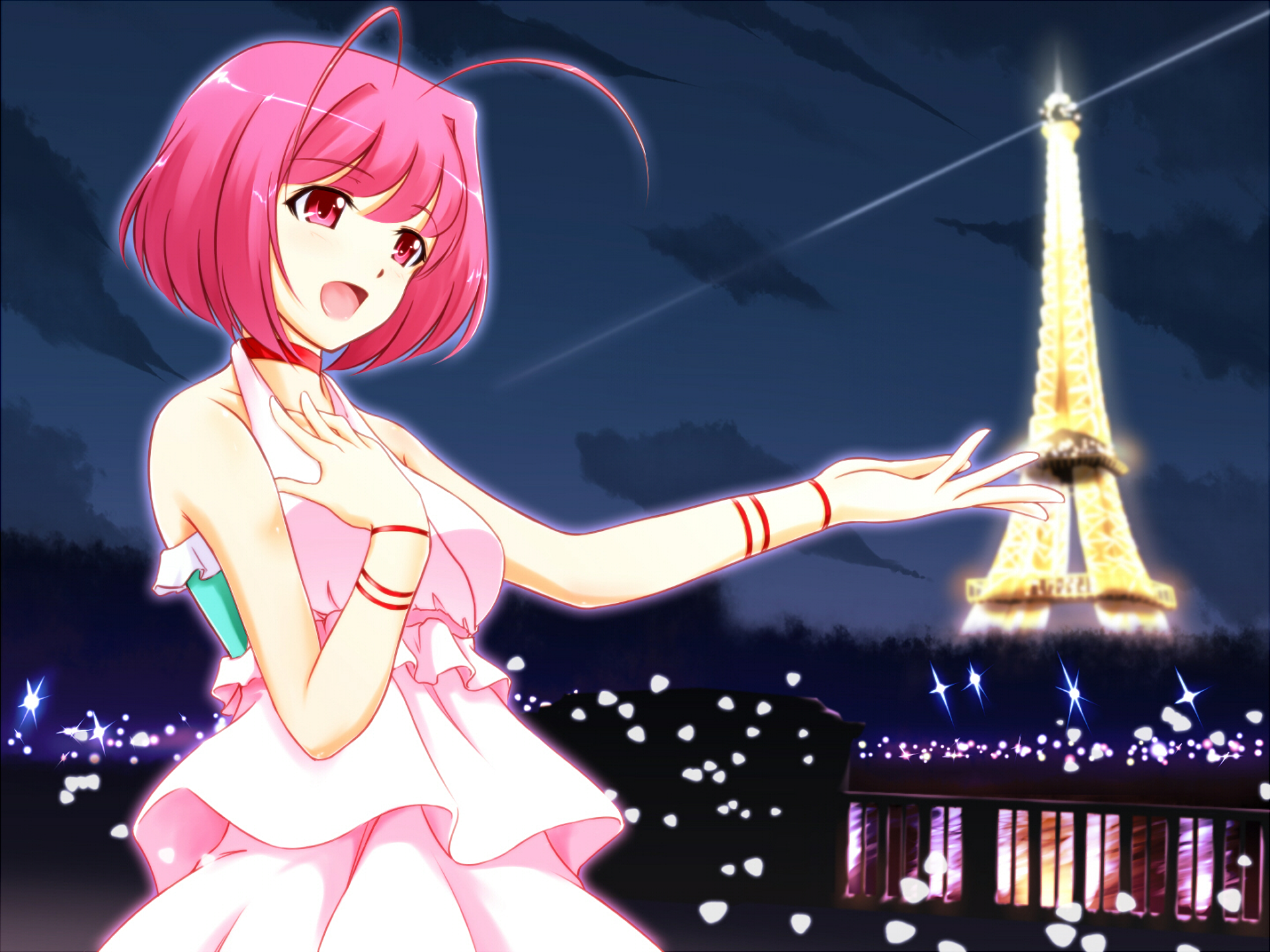 HD anime desktop wallpaper featuring a pink-haired female character from The World God Only Knows with the Eiffel Tower illuminated in the nighttime background.