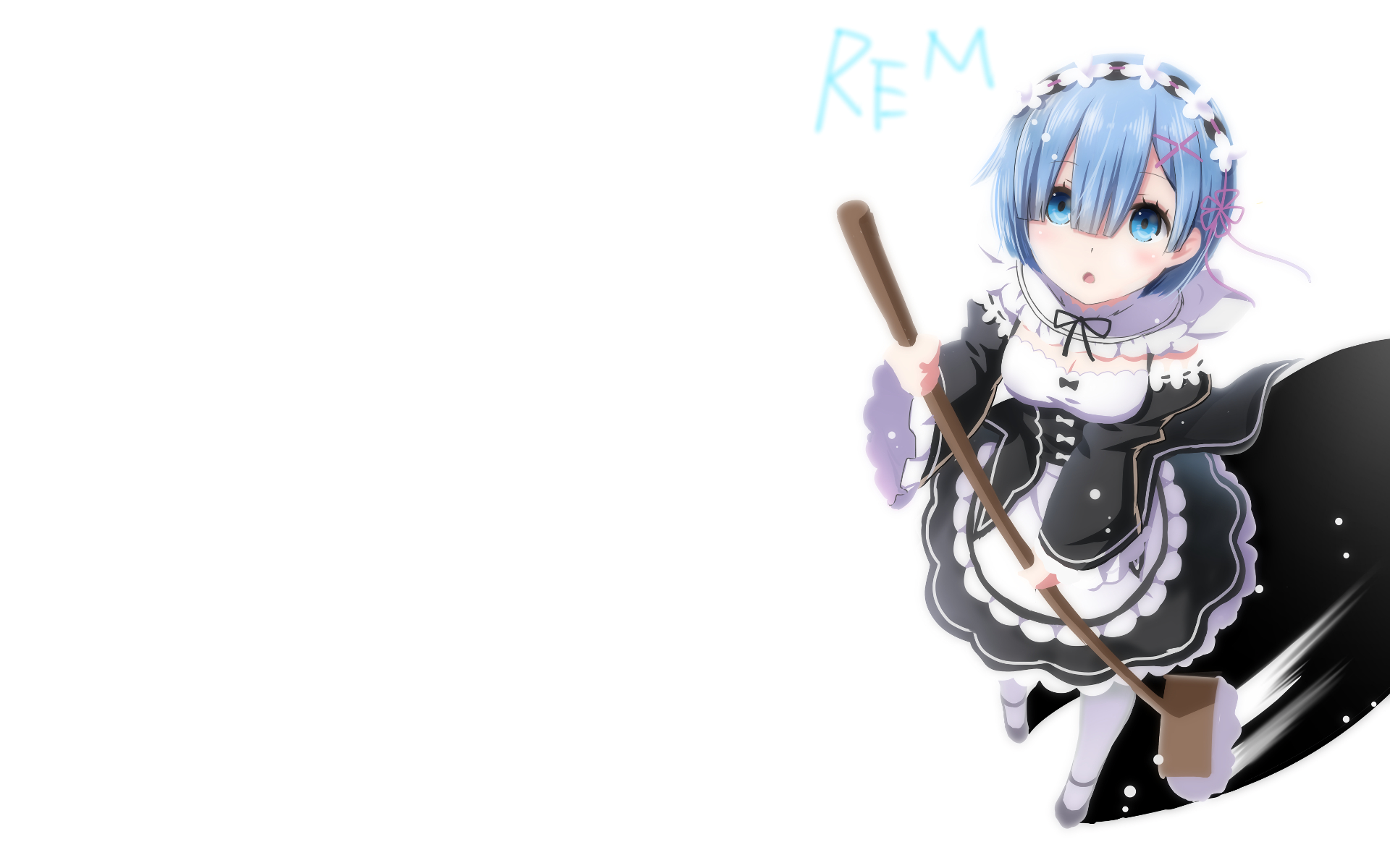 HD wallpaper featuring Rem from the anime Re:ZERO - Starting Life in Another World, depicted in a charming pose with a shovel, showcasing her signature blue hair and maid outfit.