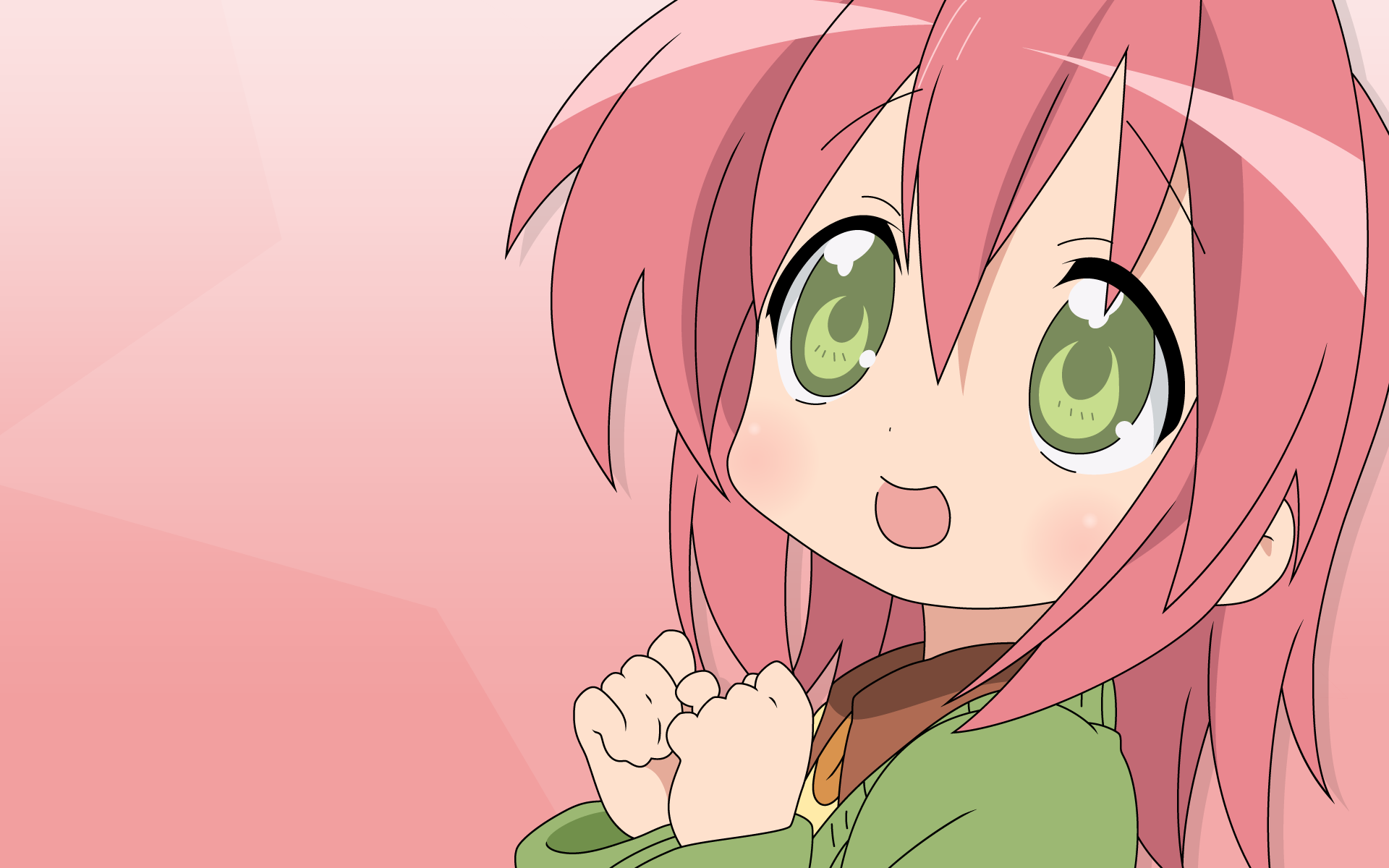 HD PC desktop wallpaper featuring Yutaka Kobayakawa from the anime Lucky Star, showcasing her cheerful expression and pink hair in vibrant colors.