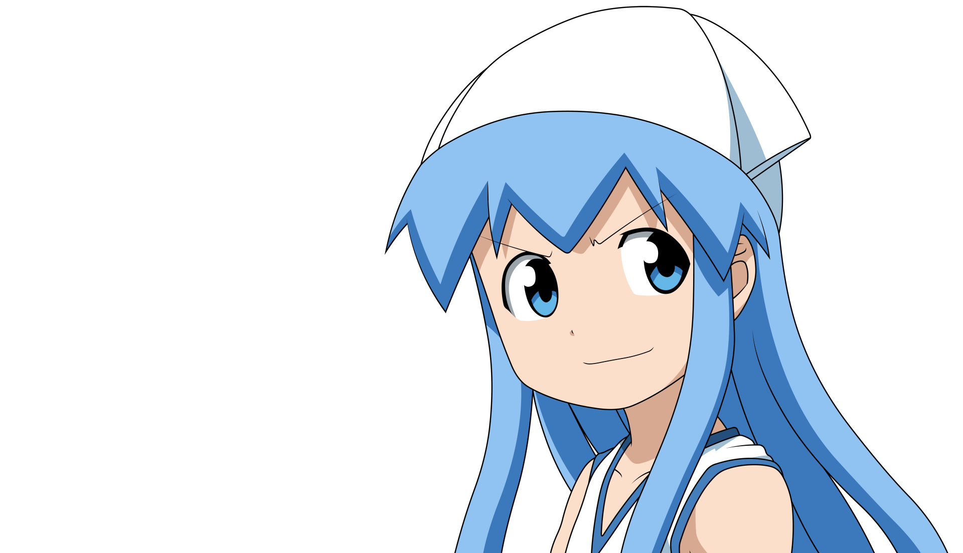 Ika Musume (Squid Girl) anime: blue‑haired girl in sailor hat, smiling; 8K Ultra HD PC desktop wallpaper/background.