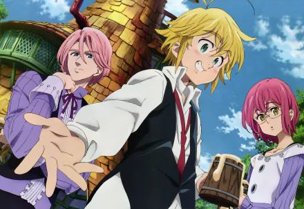 HD desktop wallpaper of characters Meliodas, Gowther, and Gilthunder from the anime The Seven Deadly Sins. The trio stands in front of a rustic building under a bright blue sky.