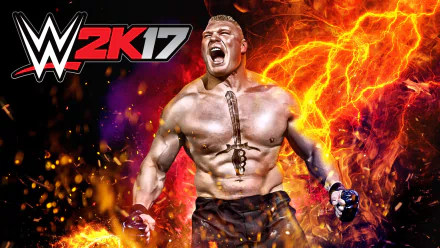 HD desktop wallpaper of WWE 2K17 featuring Brock Lesnar against a fiery background, showcasing intense action and power.